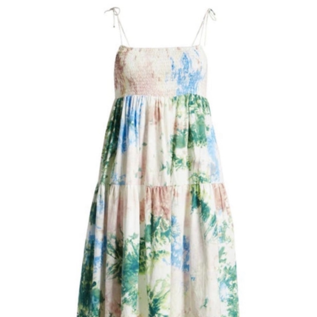 S/W/F Anthropologie Shirred Midi Dress In Skyline, Size S New W/Tag Retail $329